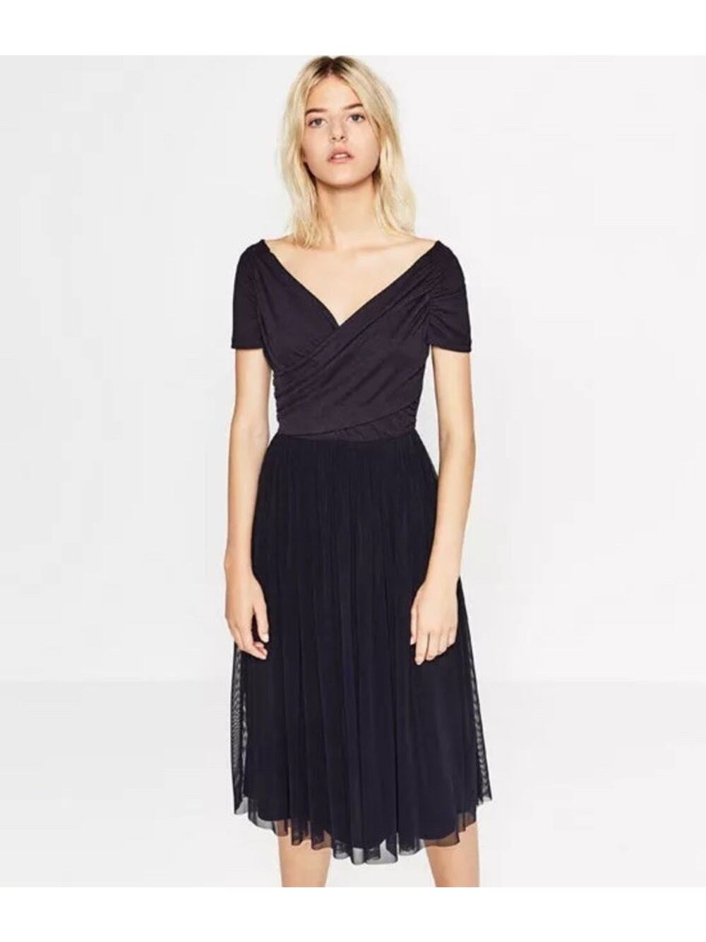 ZARA Navy Dark Blue Crossover Neckline Tulle Skirt Ballerina Dress 0594/152 XS